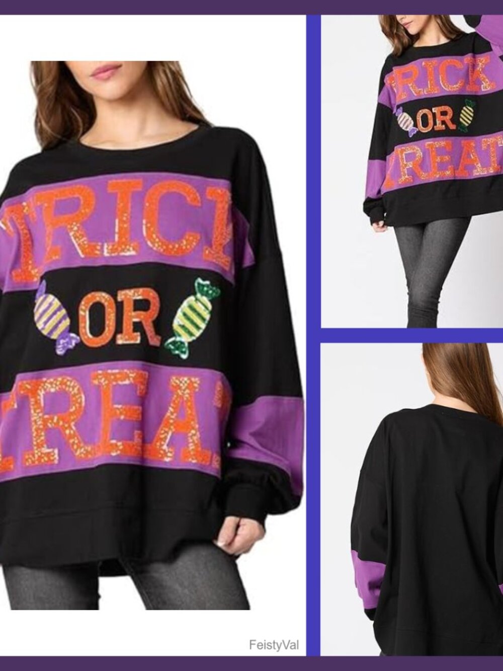 Pinclodly Women's Halloween Sequin Sweatshirt Polyester Crewneck Pullover Loose